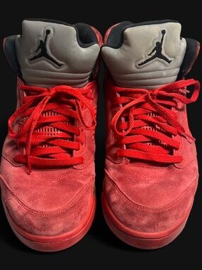 Jordan Men’s Red Suede High-Top Sneakers with Black and Gray Accents